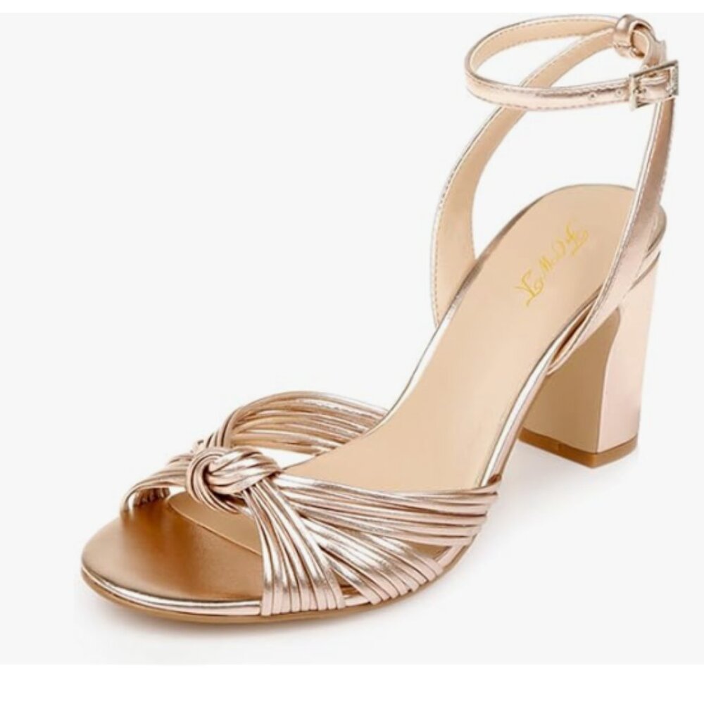 FOWT Gold Peep Toe Knot Sandals Ankle Strap Chunky High Heels Fashion Party Shoe